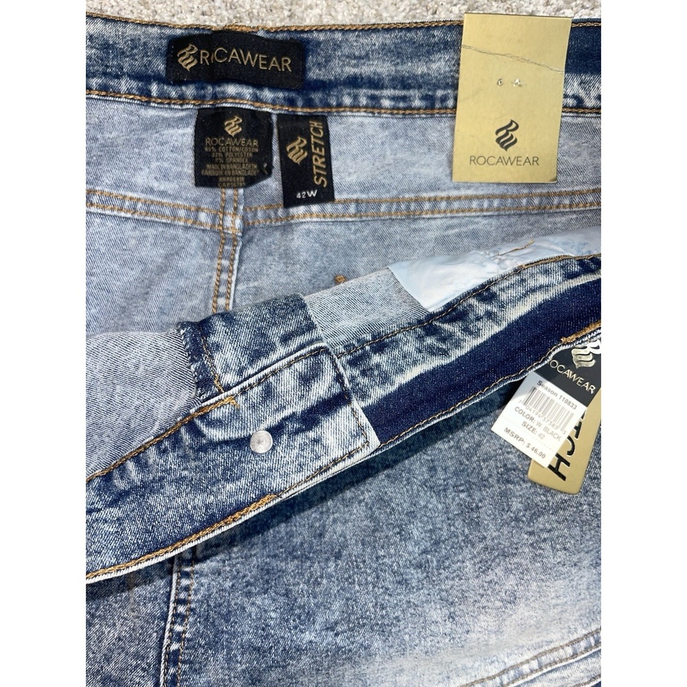 Rocawear Moto Stretch Jean Shorts Hip Hop Blue Acid Wash Mens 42 NWT - Picture 6 of 9